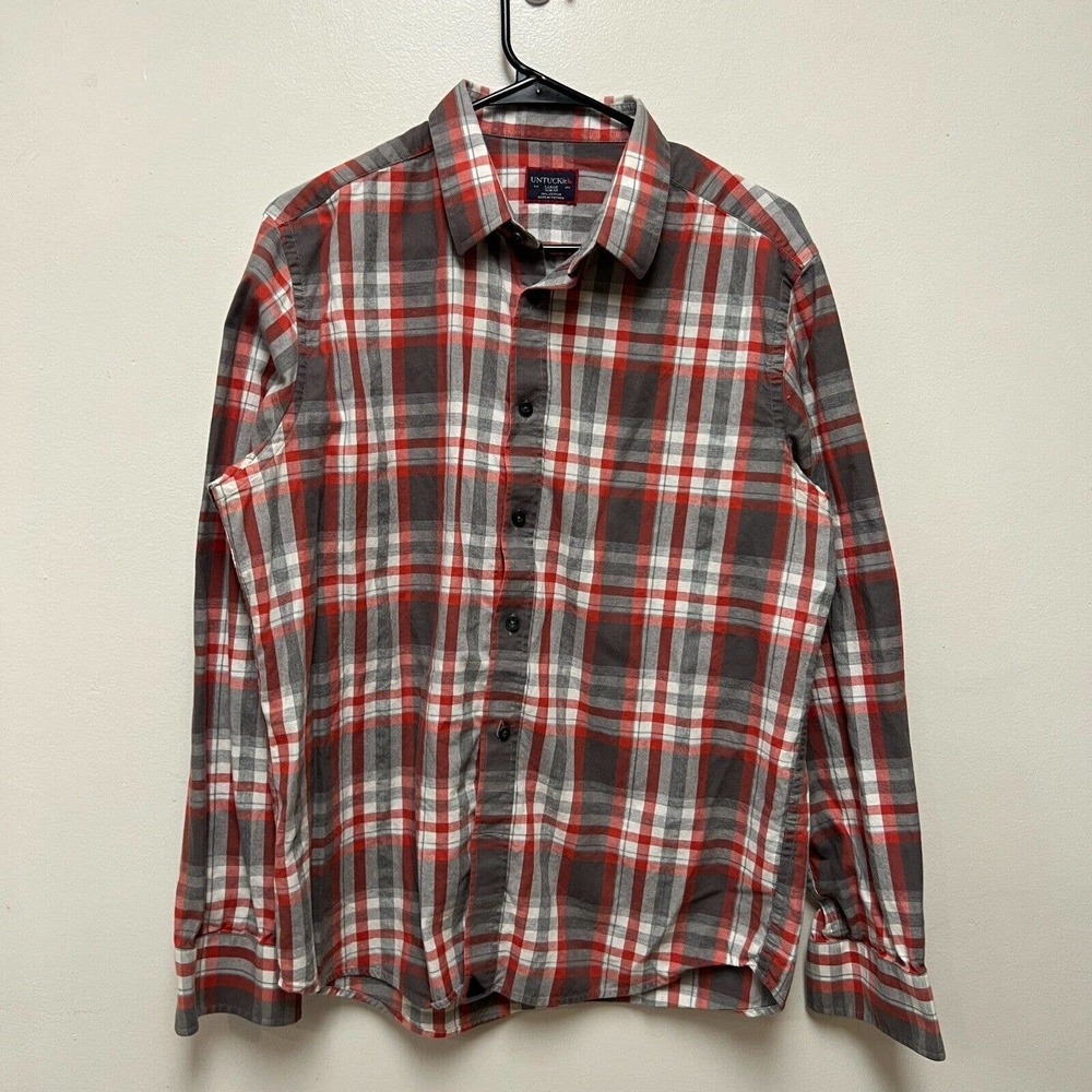 UNTUCKit Men's Red Check Plaid Slim Fit Long sleeve Button Up Shirt Large Black